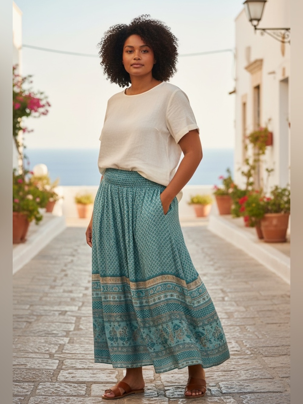 RAGA Teal and Beige Printed Maxi Skirt